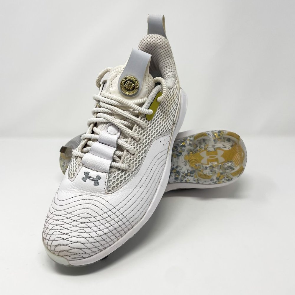 Under Armour Men's Harper 7 ST Baseball Metal Cleat 3025582-100 White/Gold SZ 7.